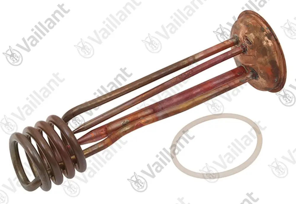 Vaillant Heizkörper mit spiralförmigem Rohr und runder Grundplatte, begleitet von einem O-Ring. Das Bild zeigt die Produkte in einem neutralen Setting.